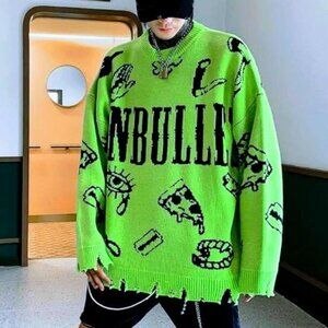 Anbullet Hip Hop Men's XL Harajuku Pullover Lime Green Alphabetic Sweater